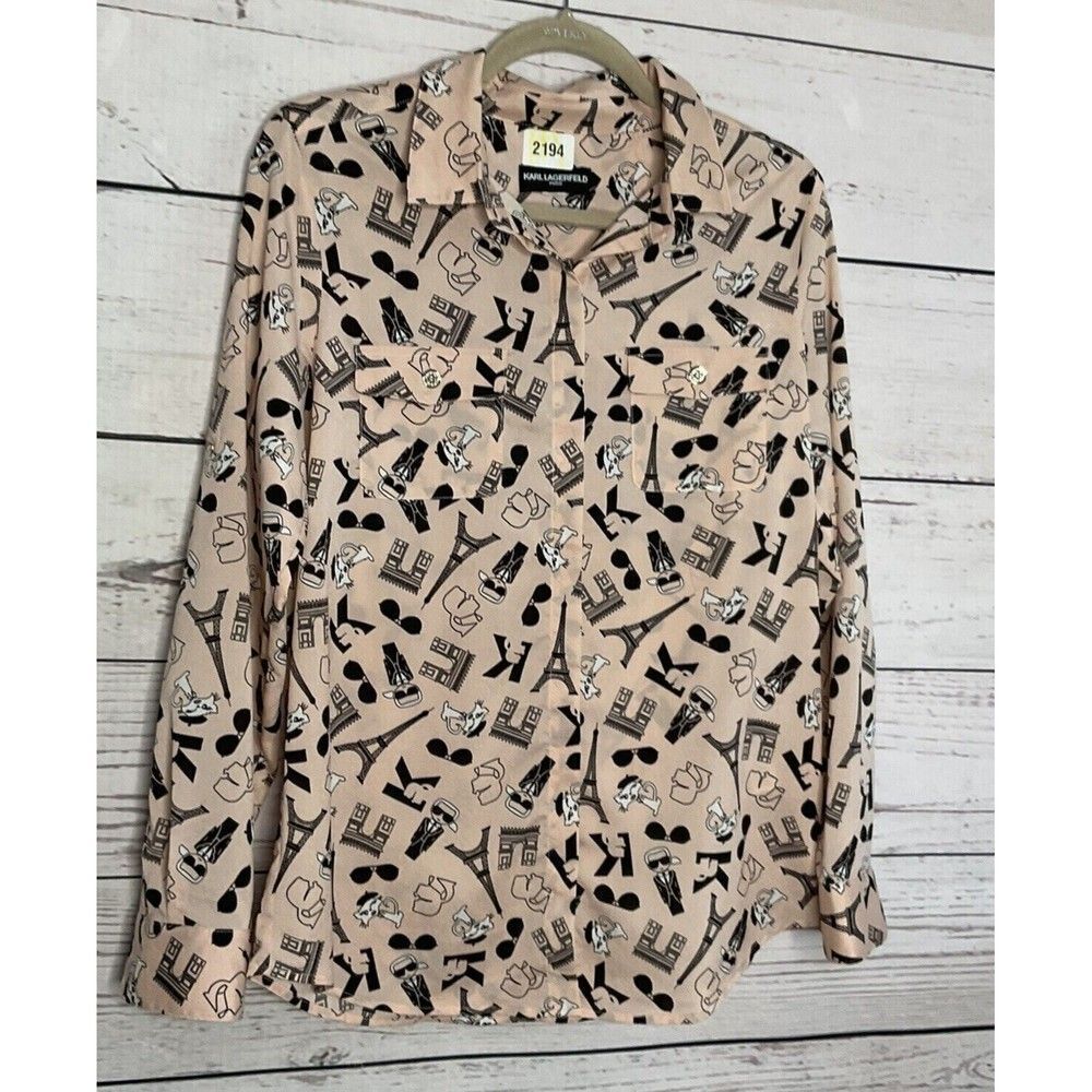 Karl Lagerfeld Cat Paris Eiffel Tower Print Button Up Shirts Blouse Women Size M - Picture 10 of 11